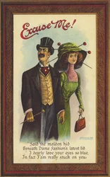 Postcard satirising the fashion and dangers of large hats and long hair pins